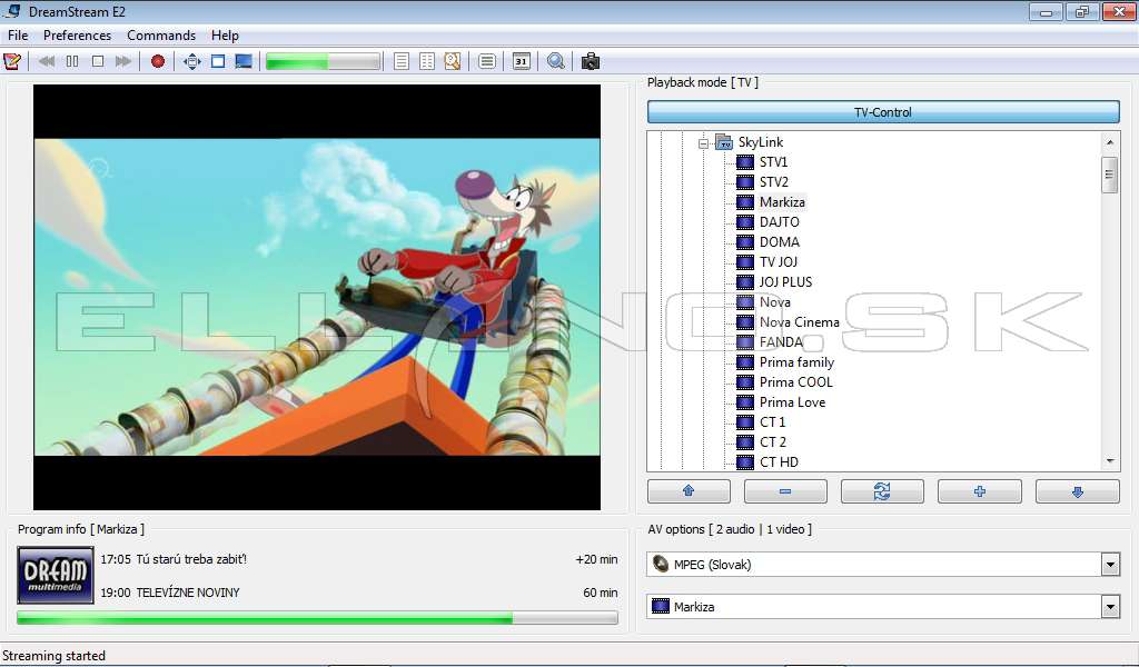 Hlavné okno DreamStream E2 so spusteným TV streamom
